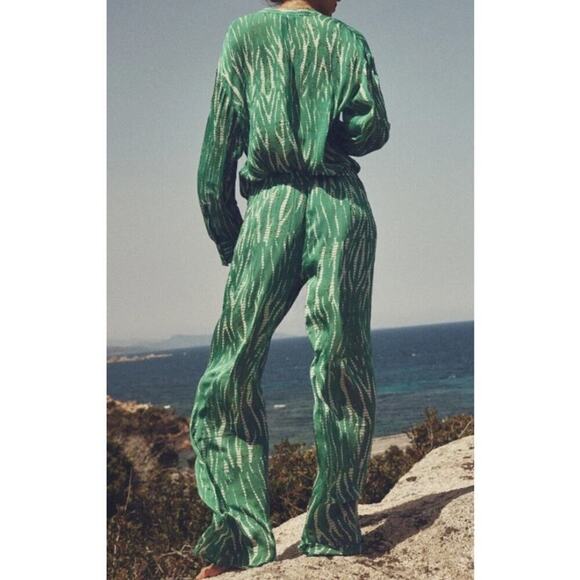 ZARA Green Printed Pajama Style Resort Set Top & Pants Small Medium Boho - Picture 2 of 12